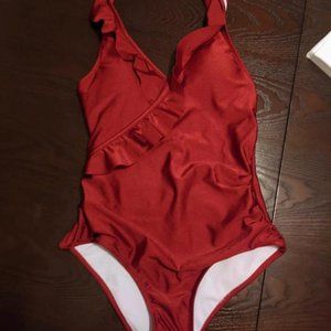 NWT Metallic Dark Red Cupshe halter one piece bathing suit